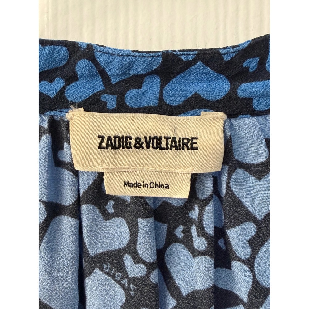 Zadig & Voltaire Blue Heart Print V-Neck Long Sleeve Blouse Top Women Medium - Picture 2 of 5